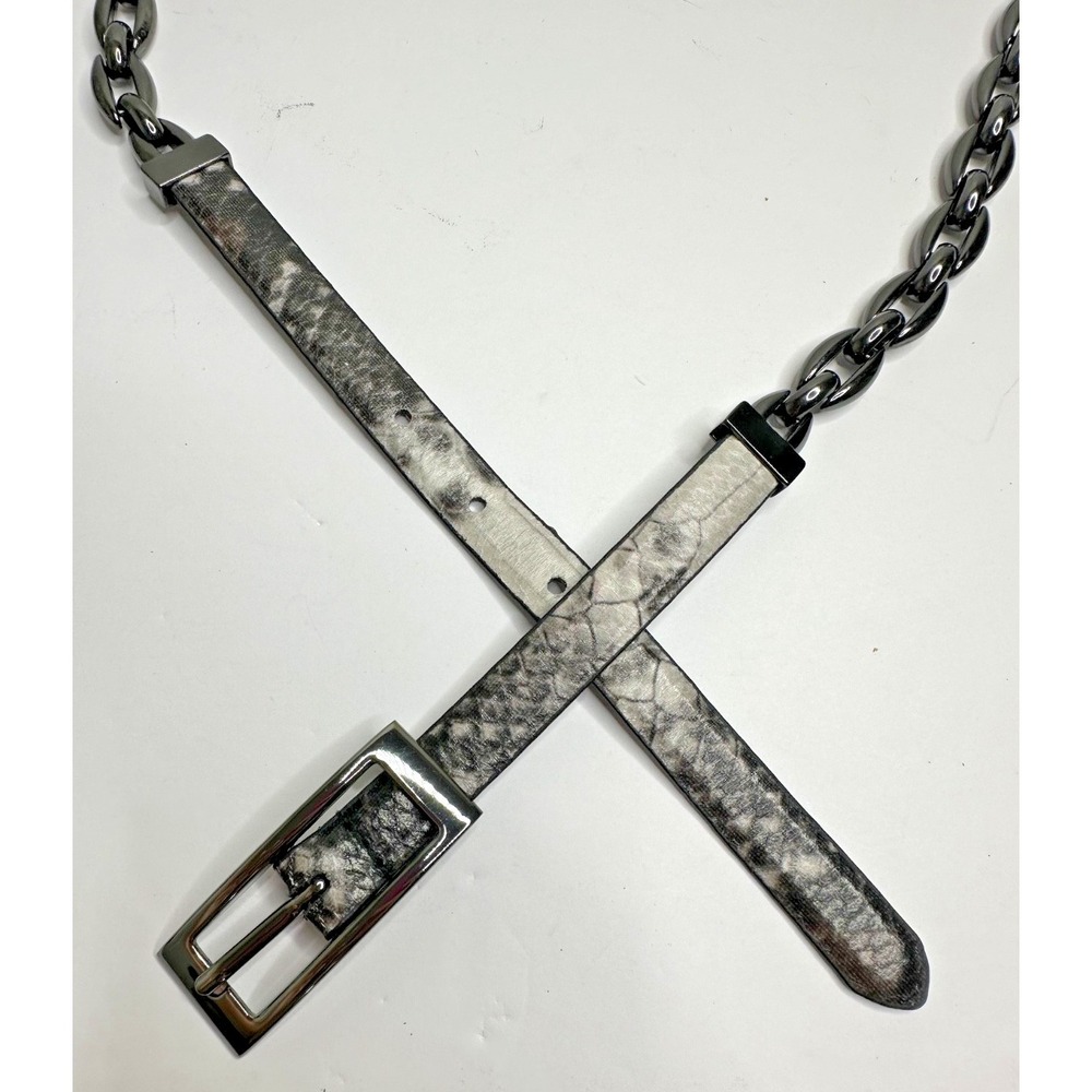 Cache Belt Snakeskin Embossed Faux Leather Gunmetal Gray Metal Chain Links Sz L